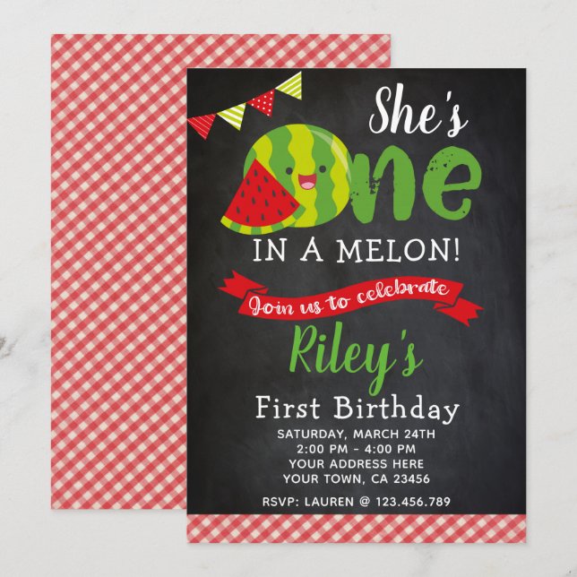 Invitación del cumpleaños de la sandía, pizarra (Anverso / Reverso)