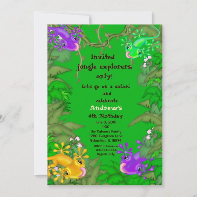 Invitación del cumpleaños de la selva del lagarto (Anverso)