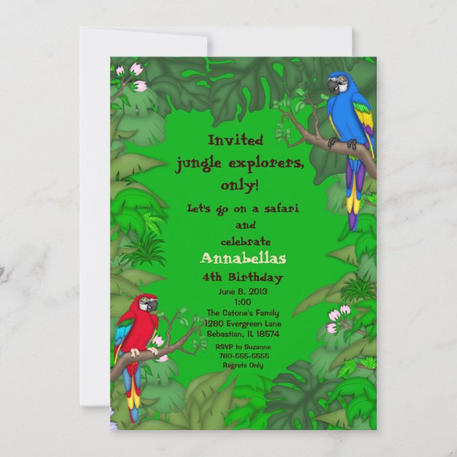 Invitación del cumpleaños de la selva del loro (Anverso)