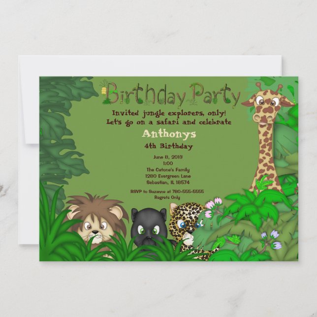 Invitación del cumpleaños de la selva del safari (Anverso)