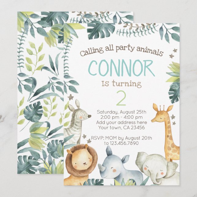 Invitación del cumpleaños de la selva del safari (Anverso / Reverso)