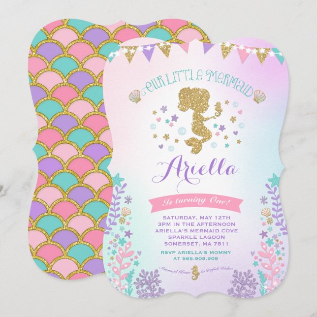 Invitación del cumpleaños de la sirena bajo fiesta (Anverso / Reverso)