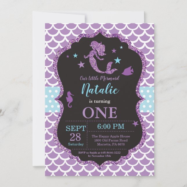 Invitación del cumpleaños de la sirena bajo fiesta (Anverso)