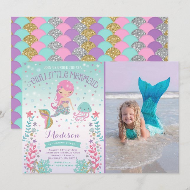 Invitación del cumpleaños de la sirena bajo fiesta (Anverso / Reverso)