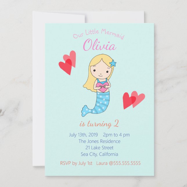 Invitación del cumpleaños de la sirena bajo fiesta (Anverso)