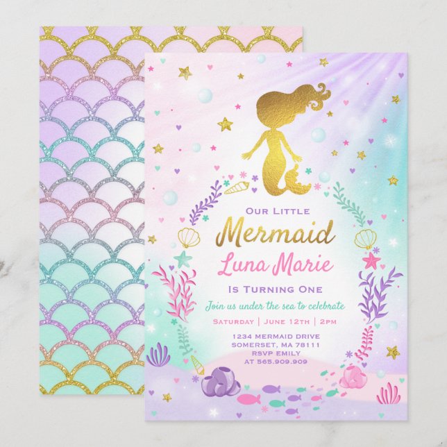 Invitación del cumpleaños de la sirena bajo fiesta (Anverso / Reverso)
