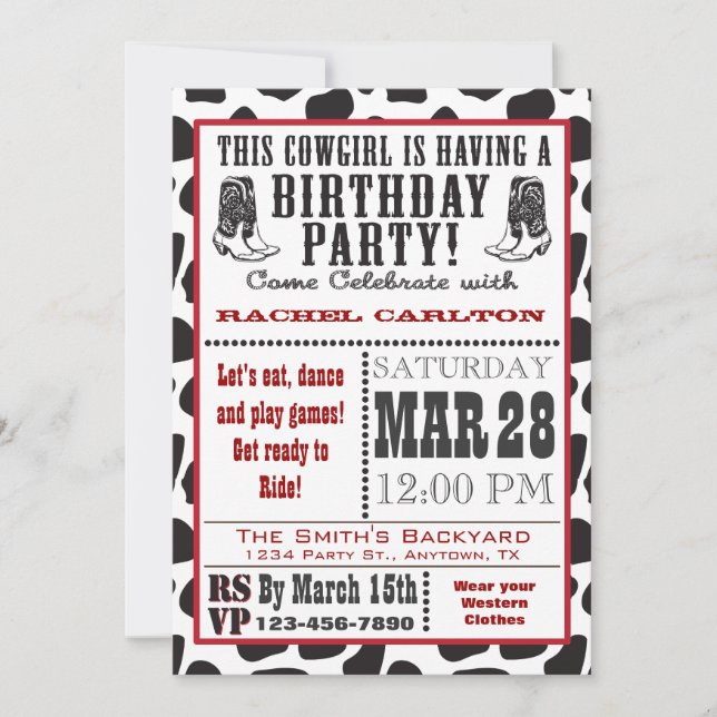 Invitación del cumpleaños de la vaquera de la (Anverso)
