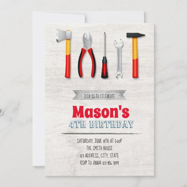 Invitación del cumpleaños de las herramientas (Anverso)