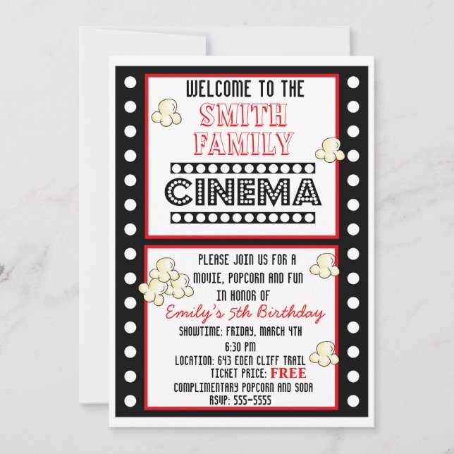 Invitación del cumpleaños de las palomitas de la (Anverso)