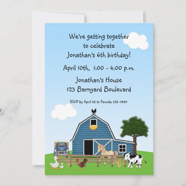 Invitación del cumpleaños de los amigos del corral (Anverso)