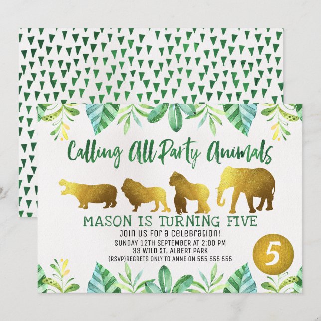 Invitación del cumpleaños de los animales del (Anverso / Reverso)