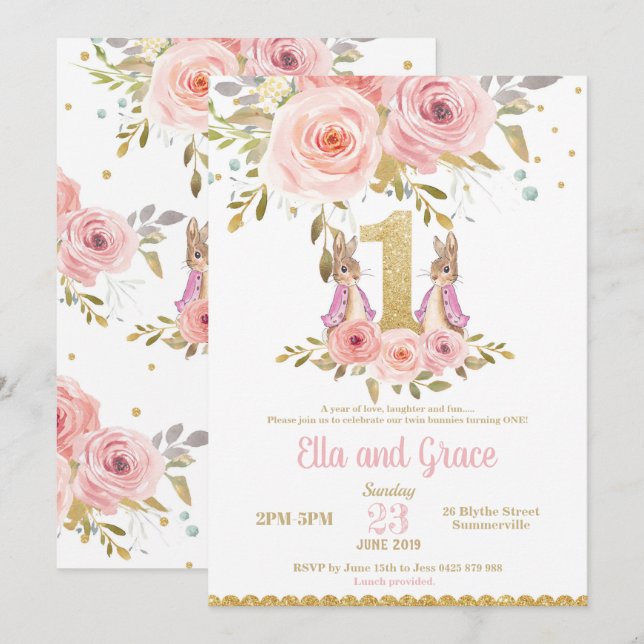 Invitación del cumpleaños de los chicas del gemelo (Anverso / Reverso)