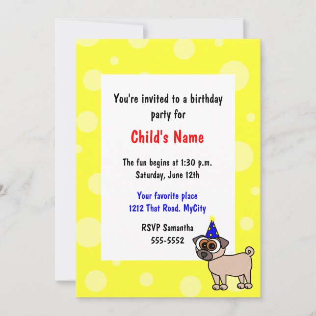 Invitación del cumpleaños de los niños del perrito (Anverso)
