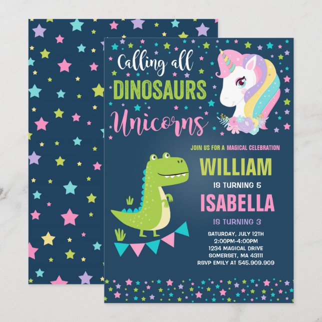 Invitación del cumpleaños de los unicornios y de (Anverso / Reverso)