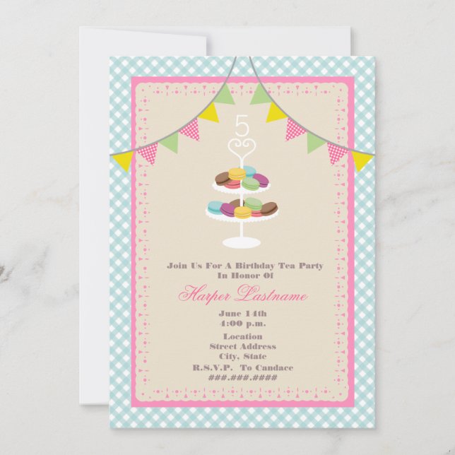 Invitación del cumpleaños de Macarons del francés (Anverso)