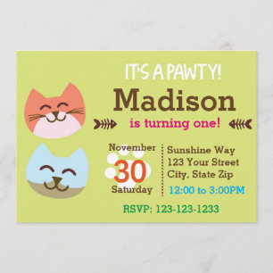Invitación del cumpleaños de Pawty del gato