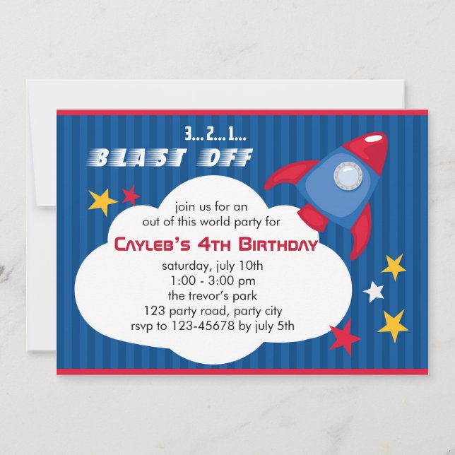 Invitación del cumpleaños de Rocket - el espacio (Anverso)