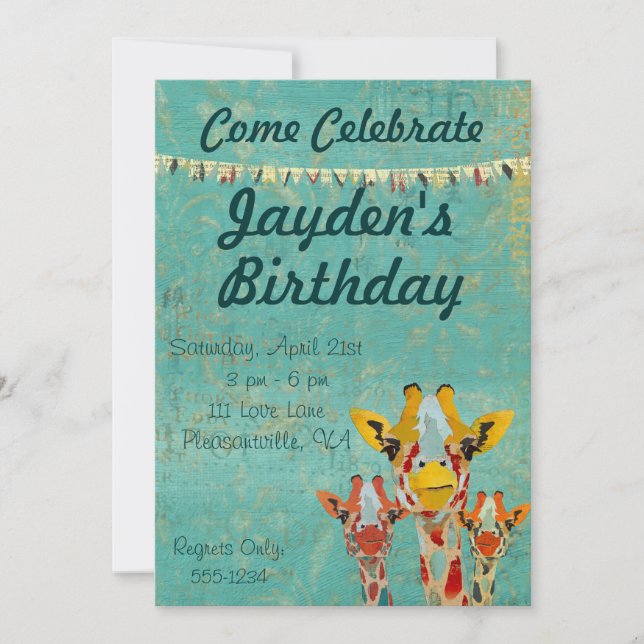 Invitación del cumpleaños de tres jirafas que mira (Anverso)