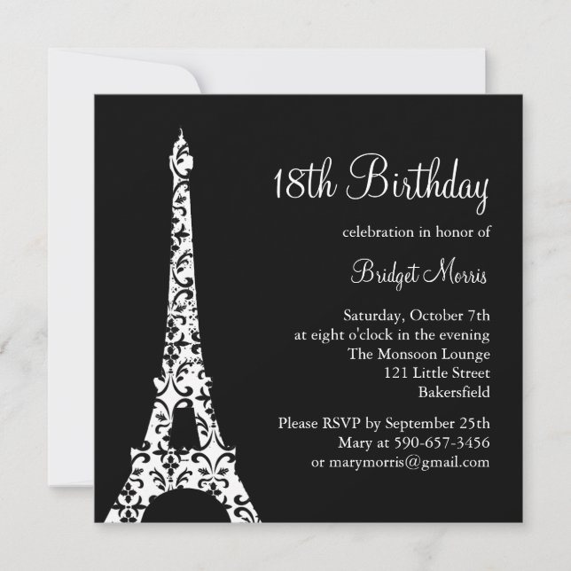 Invitación del cumpleaños de Tres París (negro) (Anverso)
