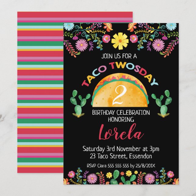 Invitación del cumpleaños de Twosday del Taco (Anverso / Reverso)