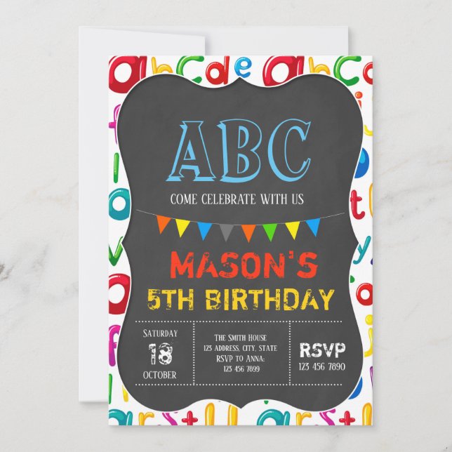 Invitación del cumpleaños del alfabeto (Anverso)