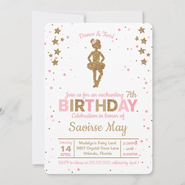 Invitación del cumpleaños del ballet del purpurina (Anverso)