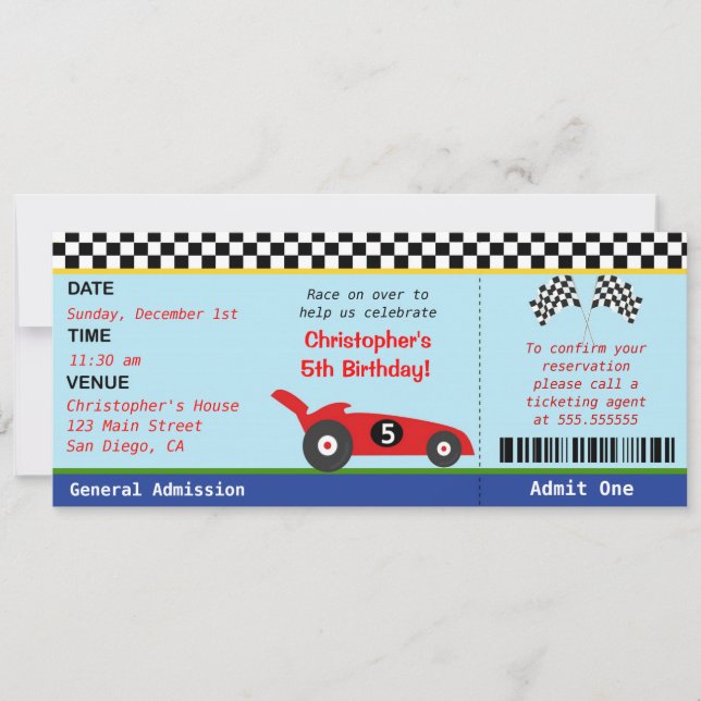 Invitación del cumpleaños del boleto del coche de (Anverso)