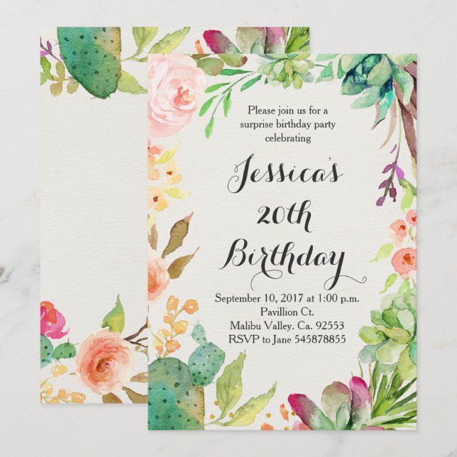 Invitación del cumpleaños del cactus (Anverso / Reverso)