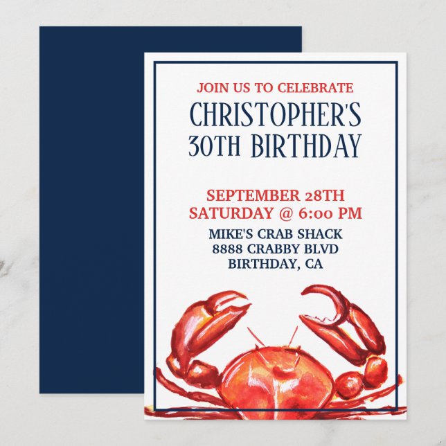 Invitación del cumpleaños del cangrejo del verano (Anverso / Reverso)