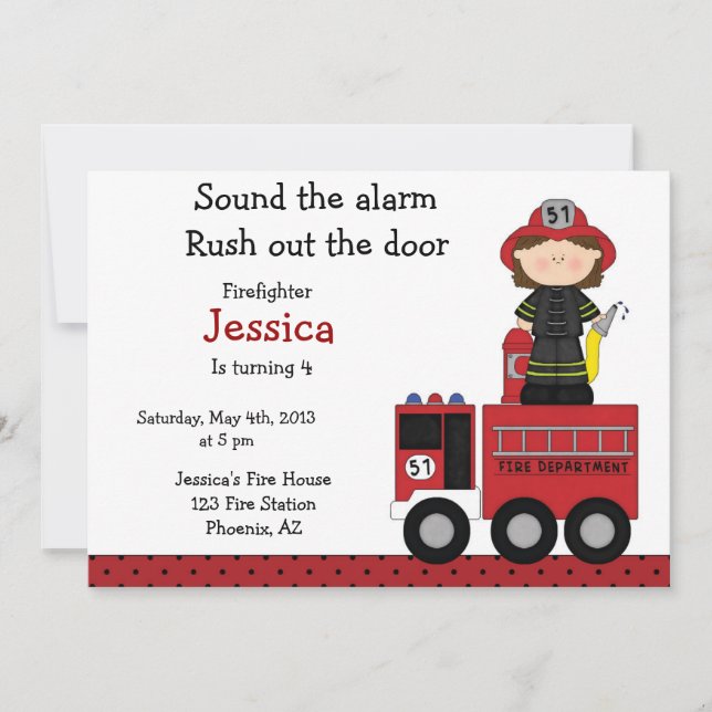 Invitación del cumpleaños del chica del bombero (Anverso)