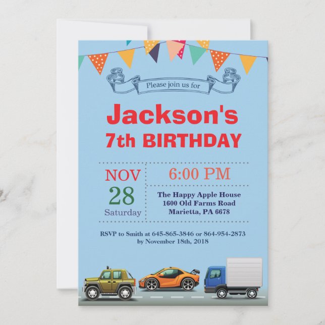 Invitación del cumpleaños del coche camión del (Anverso)