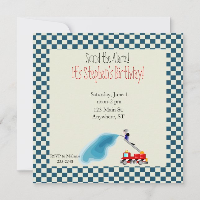 Invitación del cumpleaños del coche de bomberos (Anverso)