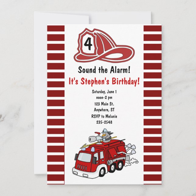 Invitación del cumpleaños del coche de bomberos (Anverso)