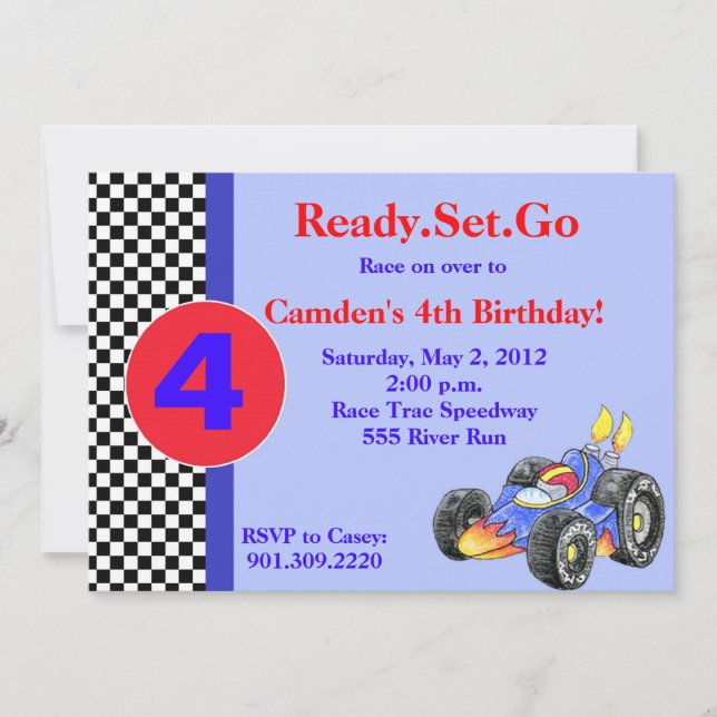 Invitación del cumpleaños del coche de carreras (Anverso)