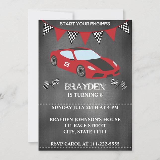Invitación del cumpleaños del coche de carreras de (Anverso)