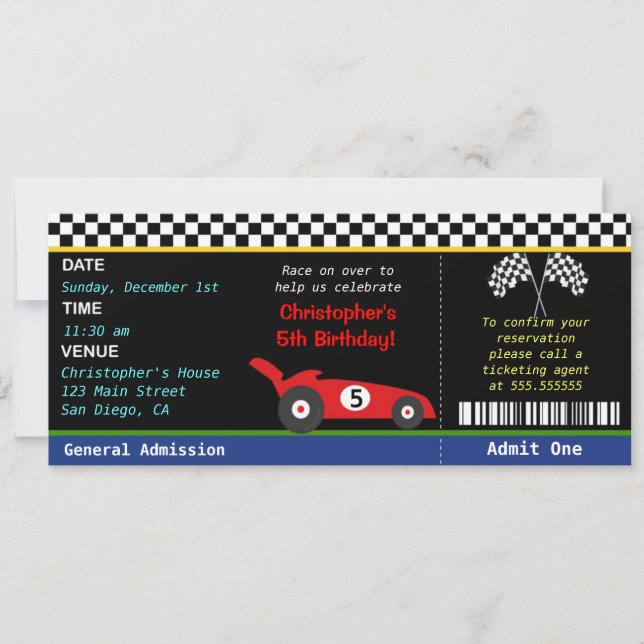 Invitación del cumpleaños del corredor del coche (Anverso)
