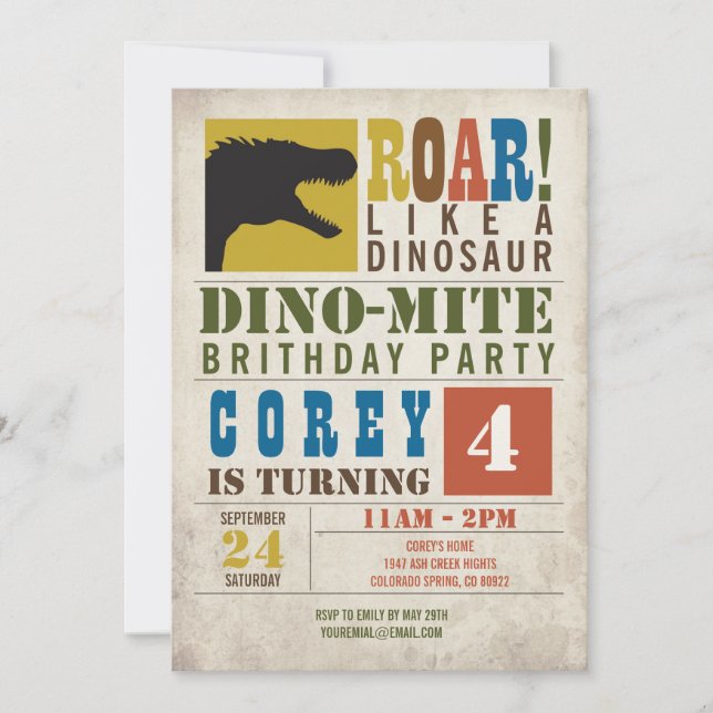 Invitación del cumpleaños del dinosaurio (Anverso)