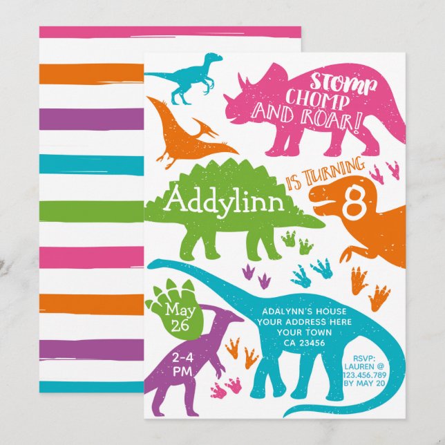 Invitación del cumpleaños del dinosaurio (Anverso / Reverso)