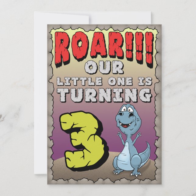 Invitación del cumpleaños del dinosaurio 3 años (Anverso)