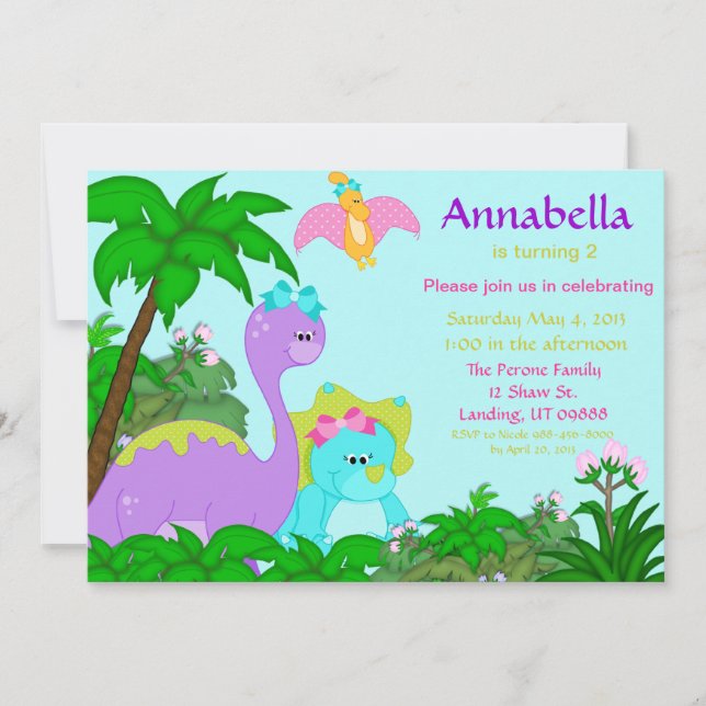 Invitación del cumpleaños del dinosaurio del chica (Anverso)