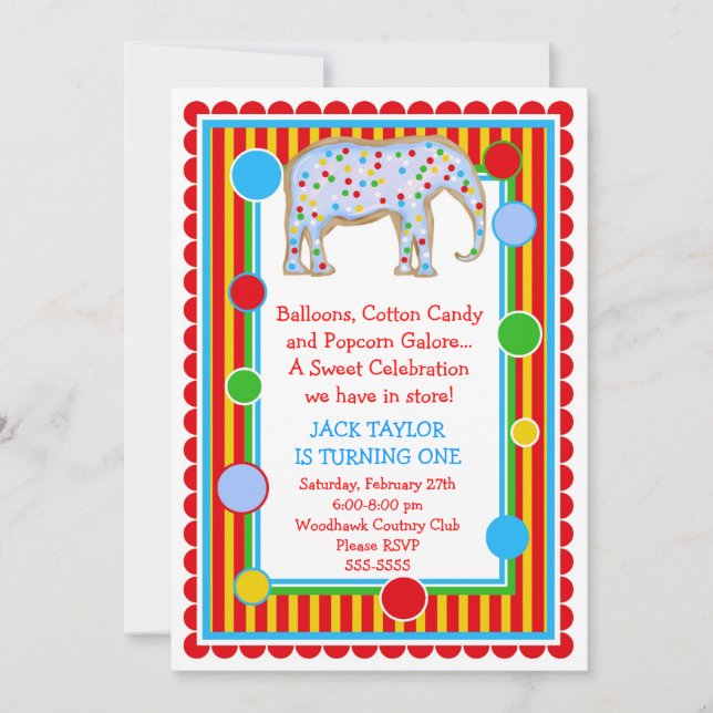 Invitación del cumpleaños del elefante del circo (Anverso)