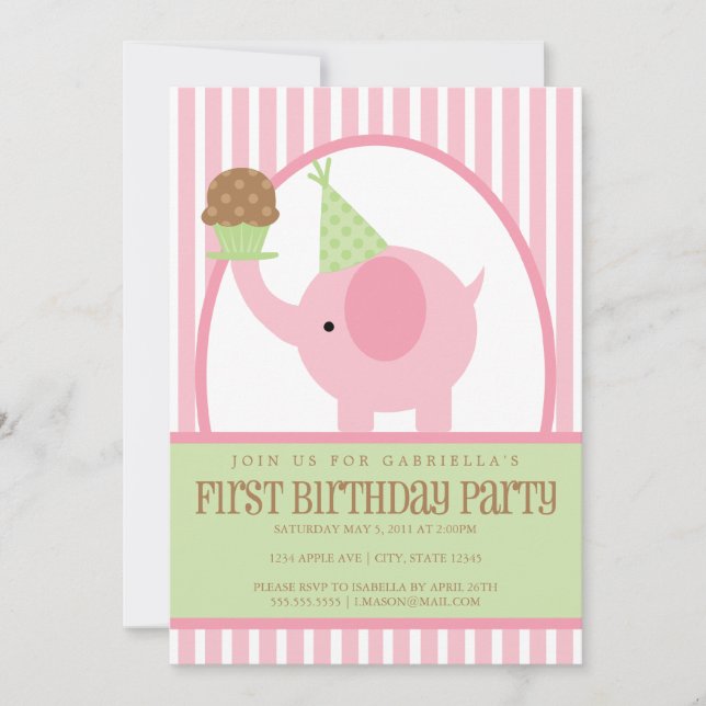 invitación del cumpleaños del elefante rosado 5x7 (Anverso)