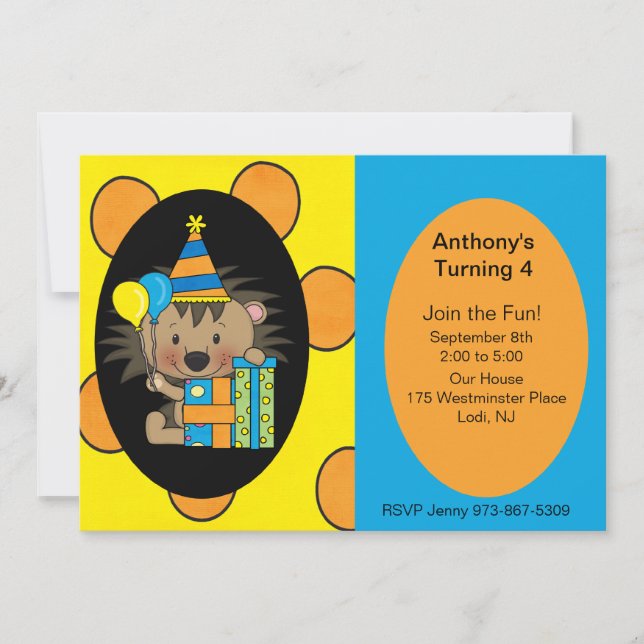 Invitación del cumpleaños del erizo del lunar (Anverso)