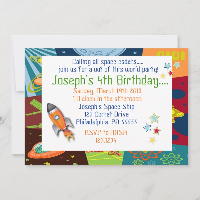 Invitación del cumpleaños del espacio (Anverso)