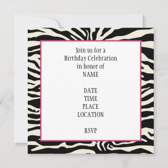 Invitación del cumpleaños del estampado de zebra (Anverso)