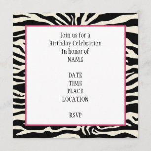 Invitación del cumpleaños del estampado de zebra