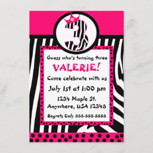 Invitación del cumpleaños del estampado de zebra y
