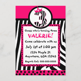 Invitación del cumpleaños del estampado de zebra y