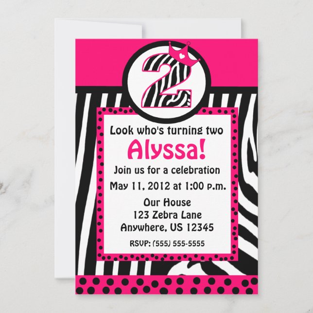 Invitación del cumpleaños del estampado de zebra y (Anverso)