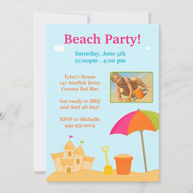 Invitación del cumpleaños del fiesta de la playa (Anverso)